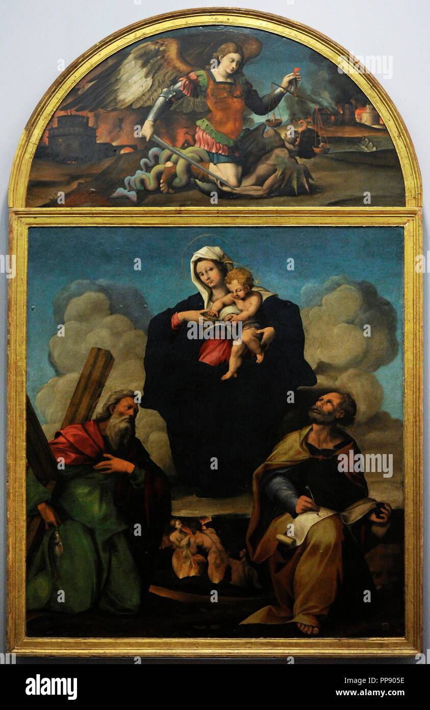 Marco Cardisco (1486-1542). Painer italien. Vierge avec Marquer le Evangeliest et André l'Apôtre, 1527-30. Huile sur bois. Musée de Capodimonte. Naples. L'Italie. Banque D'Images