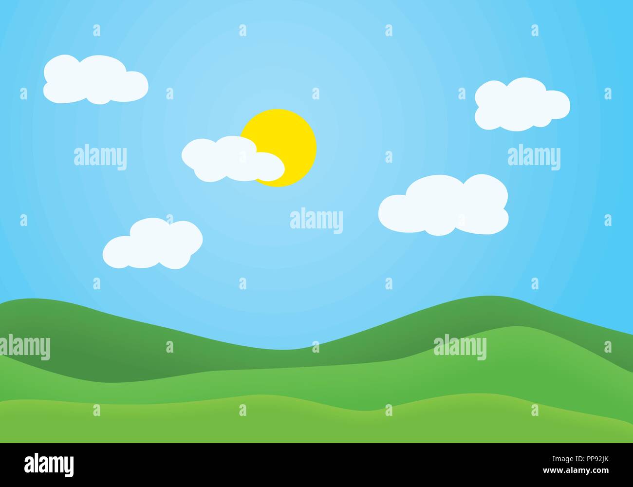 Modèle plat illustration de paysage de montagne d'été vert avec colline herbeuse sous un ciel bleu avec des nuages blancs et le soleil brillant - vector Illustration de Vecteur