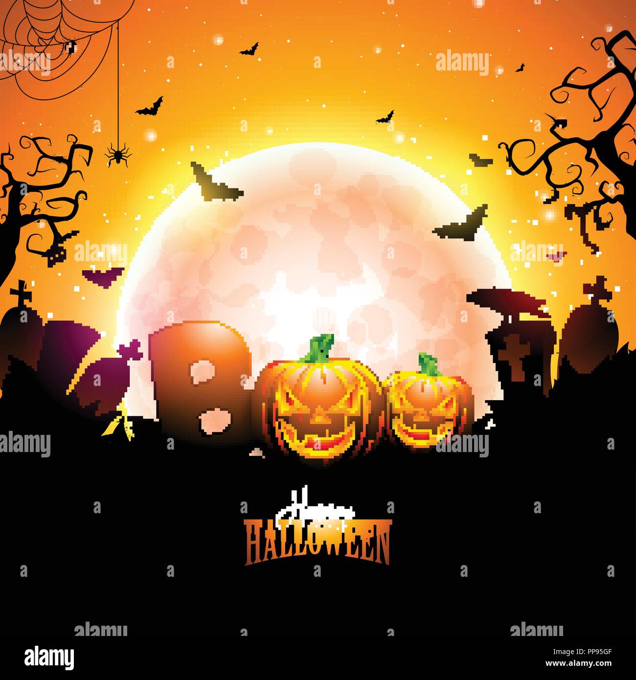 Boo, Happy Halloween avec design typographie lettrage, lune, battant les chauves-souris et le cimetière sur fond de ciel de nuit orange. Maison de vacances vecteur pour modèle de conception de carte de voeux, flyer, affiche de la célébration ou de la partie d'invitation. Illustration de Vecteur