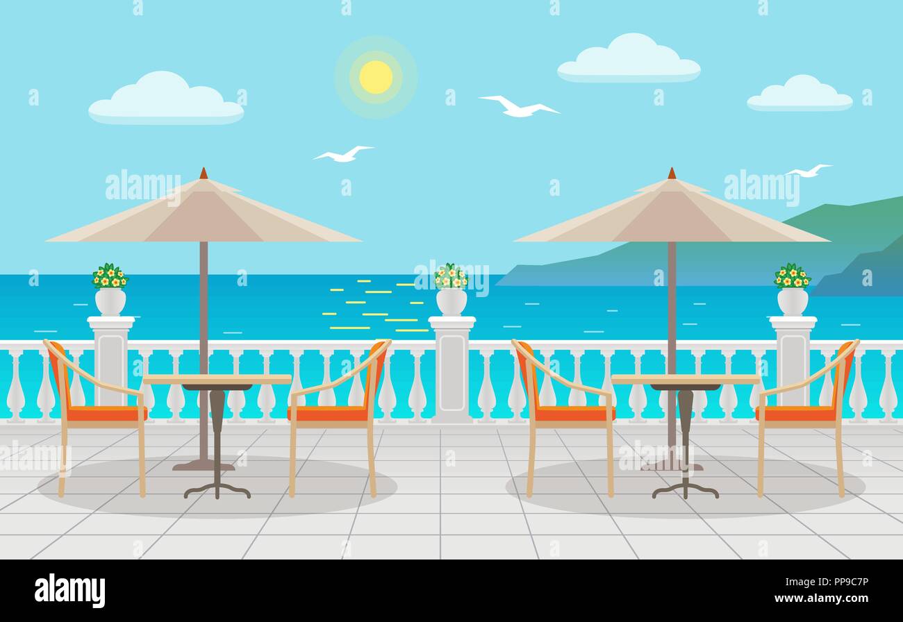 Café avec tables et parasols avec vue sur la mer sur la rue Illustration de Vecteur