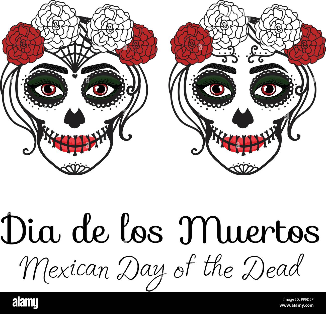 Catrina femme avec composition de crâne en sucre. Dia de los muertos. Le Jour des Morts au Mexique. Vector illustration dessin à la main Illustration de Vecteur