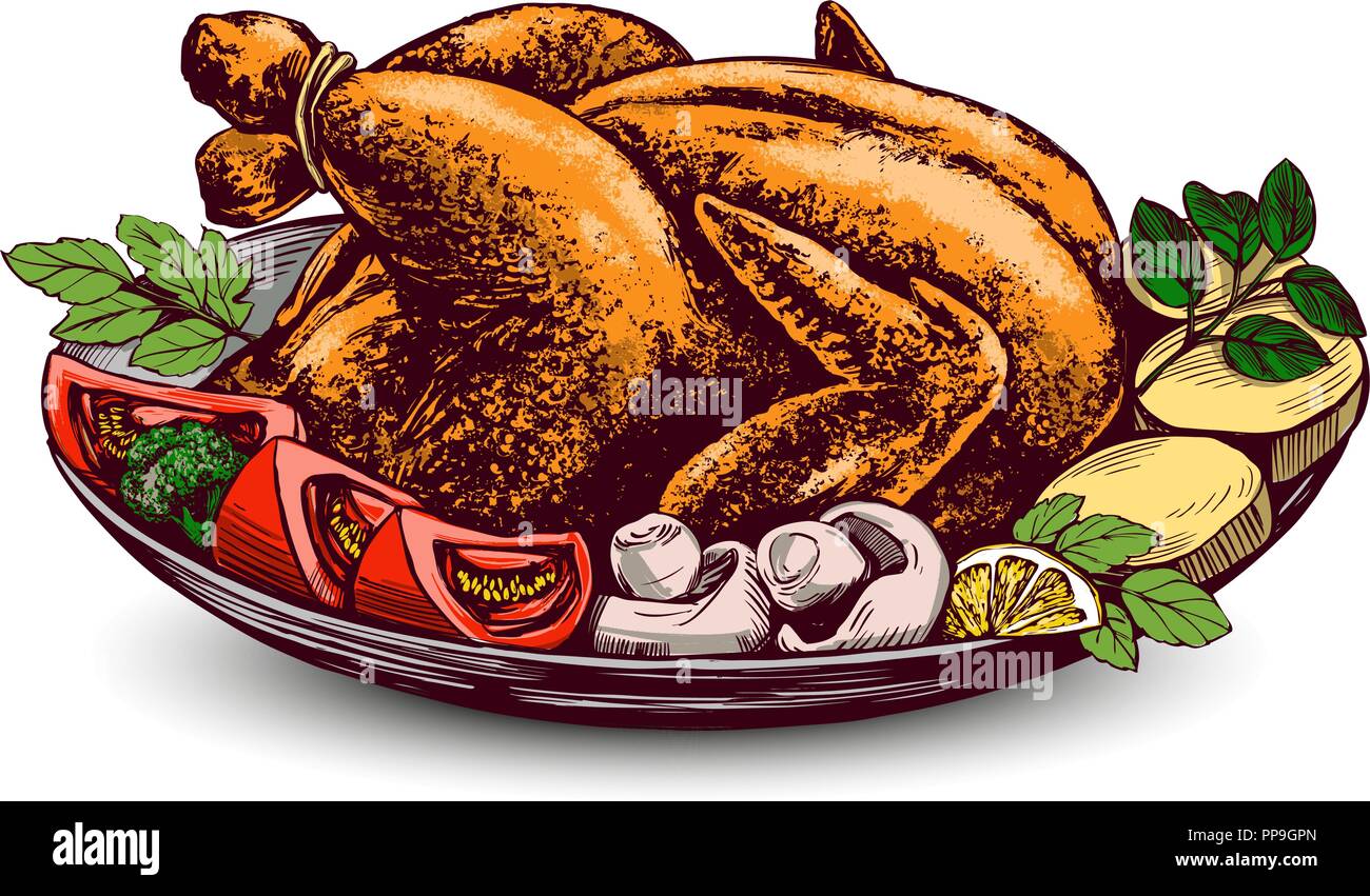 Rôti de dinde, poulet,avec des ingrédients hand drawn vector illustration croquis. Illustration de Vecteur