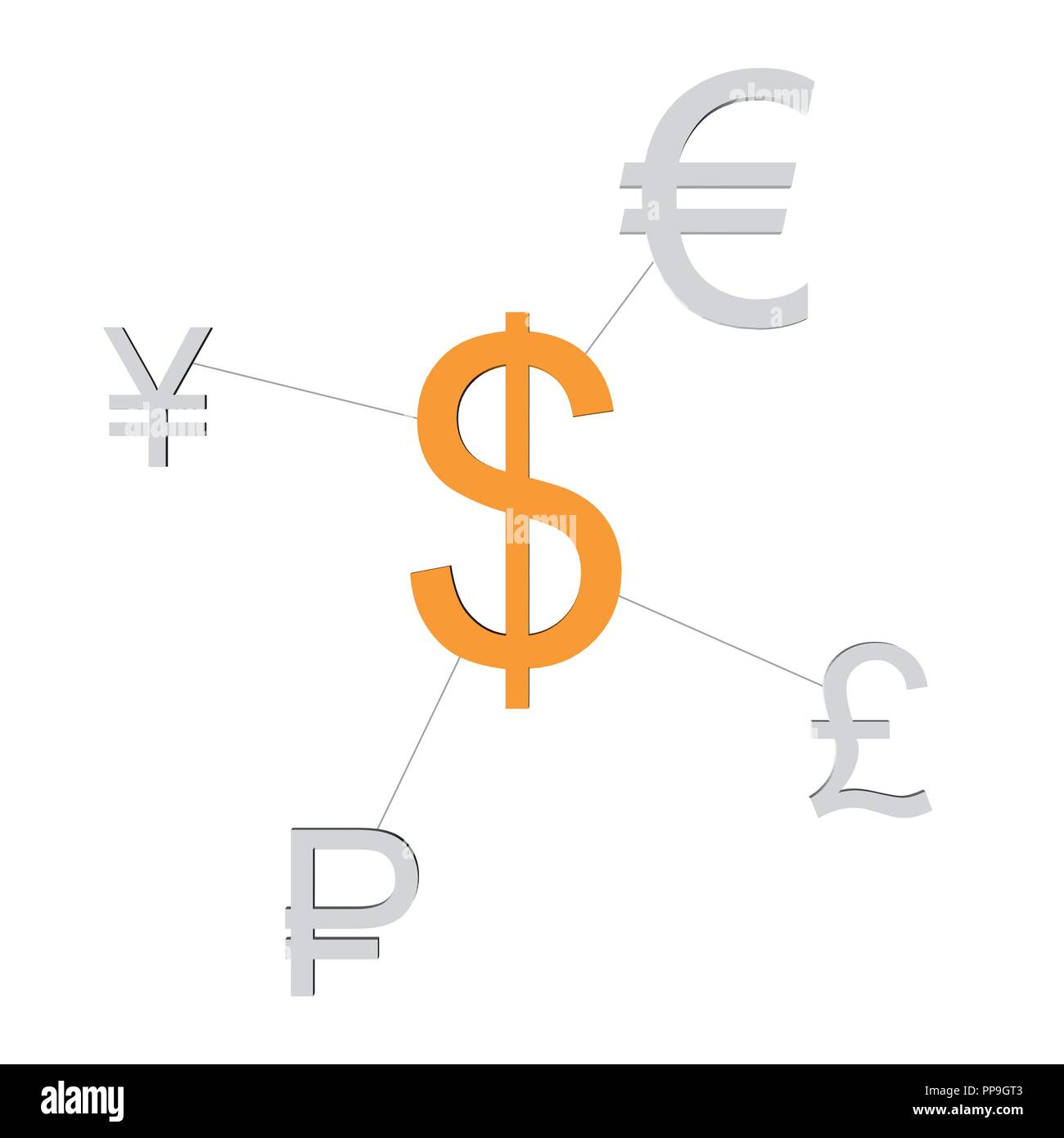 Devises mondiales sont interconnectés. Rouble, dollar, euro, yen, livre sont liés ensemble former un lien. Vector illustration. Illustration de Vecteur