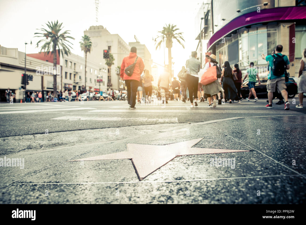 Walk of Fame sur Hollywood Boulevard, au coucher du soleil Banque D'Images