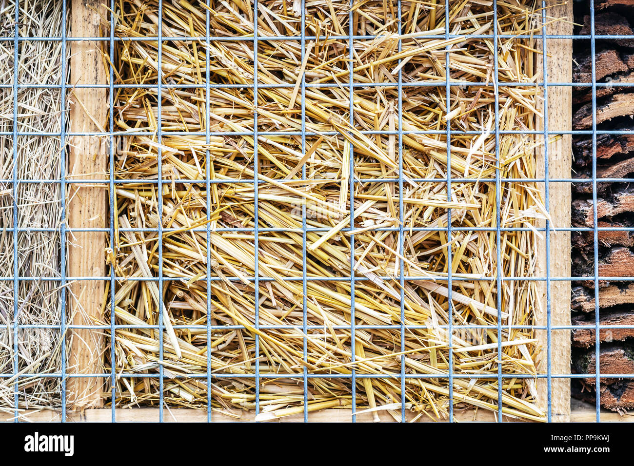 Close-up partie de plaisance hôtel ou maison pour les abeilles sauvages et autres insectes de naturel eco matériaux. Abri de cônes, de bois et de bâtons de bambou, du foin, de la paille et de l'écorce Banque D'Images