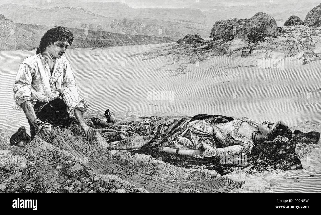 Manon Lescaut, roman de l'auteur français Abbe Prevost, 1731. La mort de Manon Lescaut. Gravure de Ch. Baude, peinture original par Dagnan-Bouveret. La Ilustracion Artistica, 1884. Banque D'Images