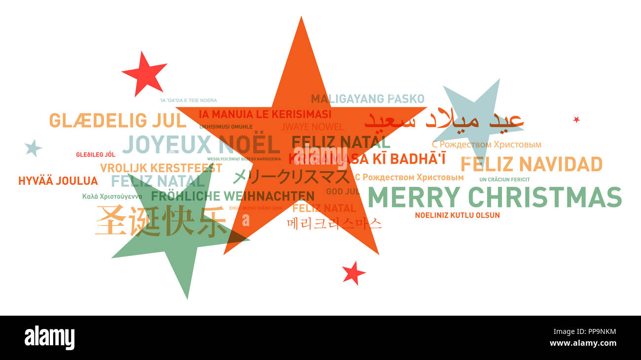 Joyeux Noël de la part du monde sur star background. Carte de célébration des langues différentes Banque D'Images
