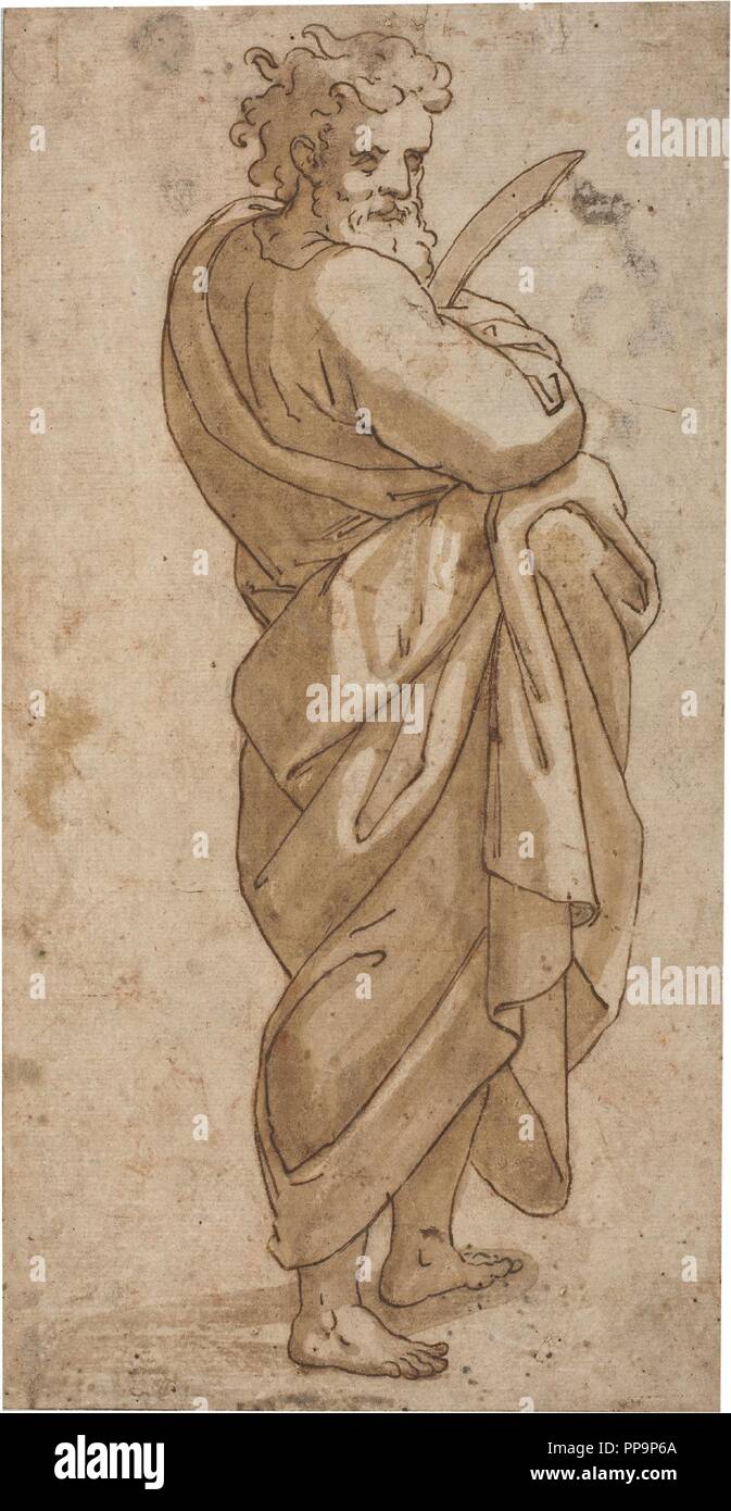 Anonyme / 'Saint Barthélemy'. XVI siècle. Se laver, un crayon gris-brun, encre sur papier jaune. Musée : Musée du Prado, Madrid, España. Banque D'Images