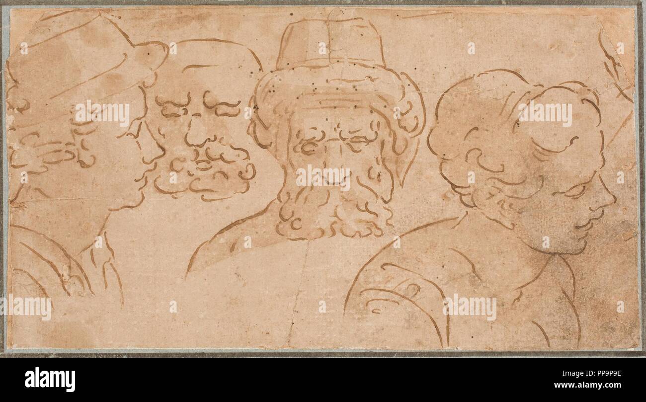 Anonyme / "étude de quatre têtes'. XVI siècle. Se laver, un crayon gris-brun, encre sur papier brun. Musée : Musée du Prado, Madrid, España. Banque D'Images