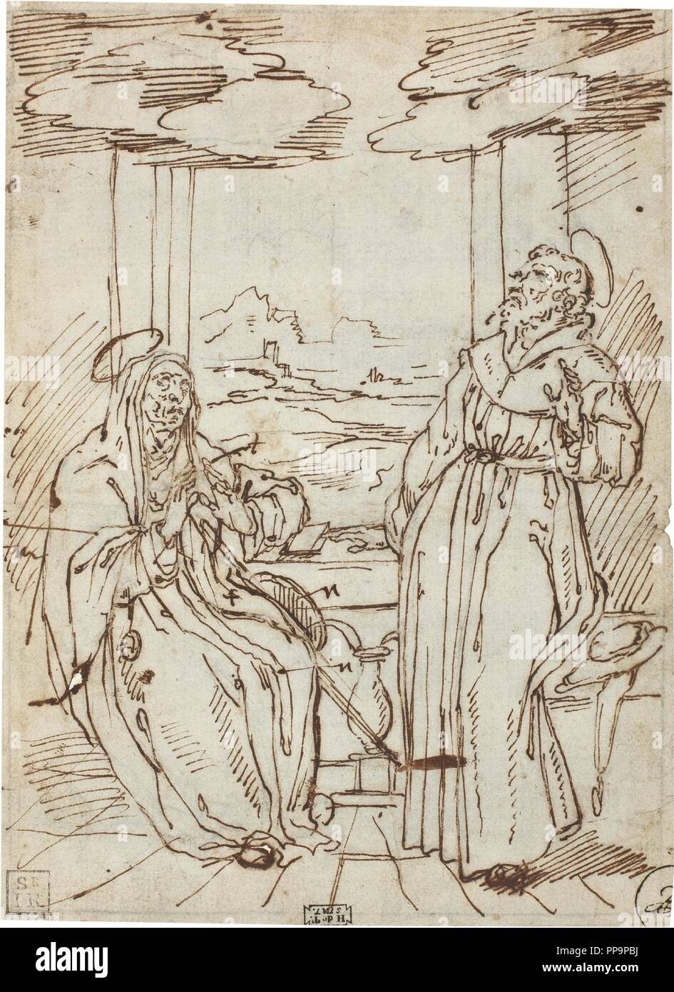 Anonyme / 'Sts. Monica et Augustine'. XVI siècle. Gris-brun crayon, encre sur papier. Musée : Musée du Prado, Madrid, España. Banque D'Images