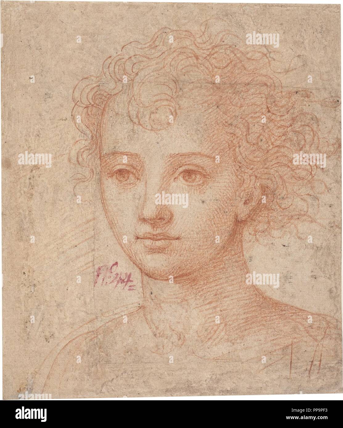 Anonyme / "Tête de femme". XVI siècle. Craie rouge sur papier jaune. Musée : Musée du Prado, Madrid, España. Banque D'Images
