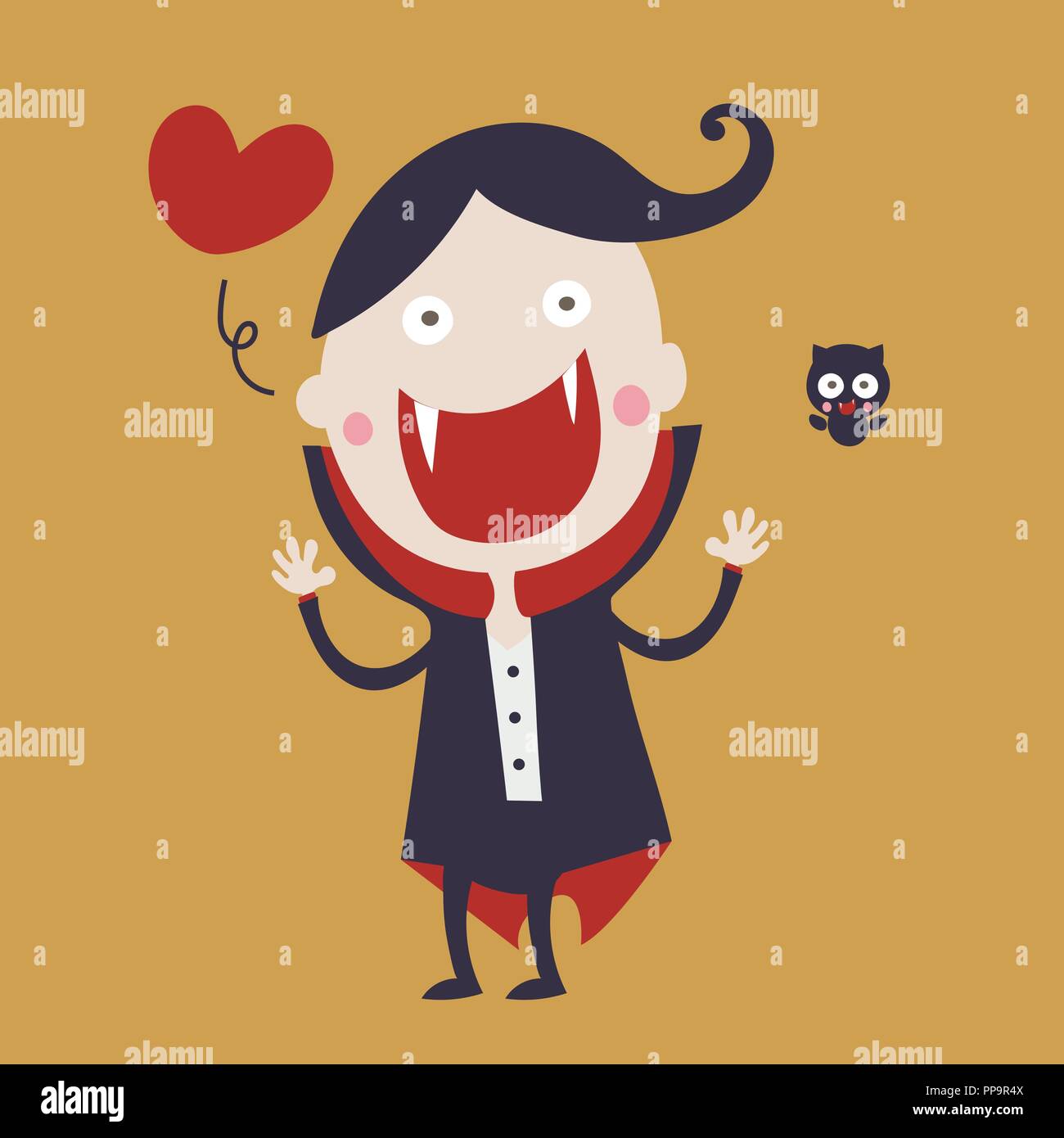 Dracula mignon personnage vêtu de noir et cape rouge smiling avec grande bouche ouverte et bat pour happy happy Halloween jour illustration vecteur eps10 Illustration de Vecteur