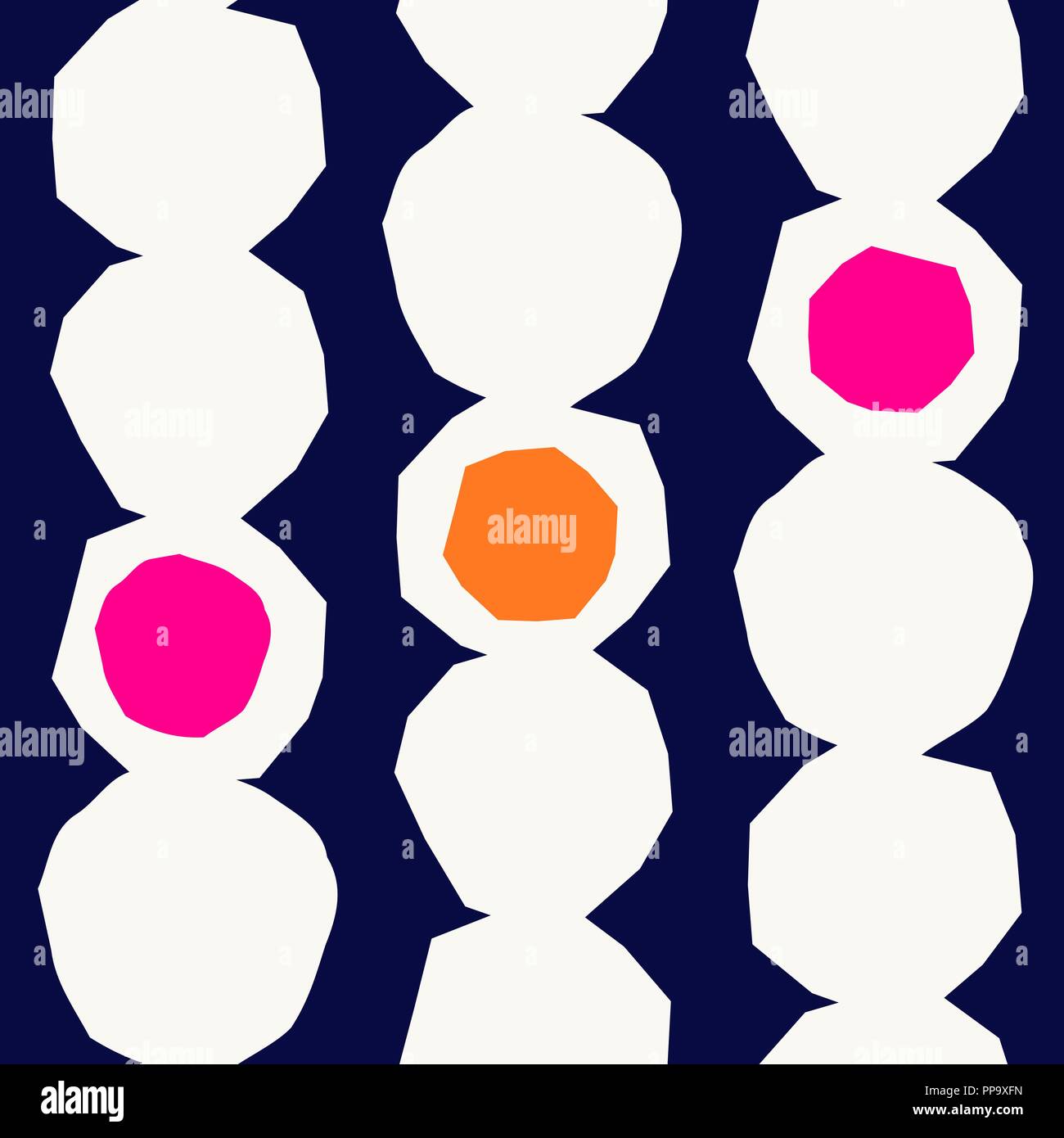 Un motif répétitif avec des formes géométriques abstraites en blanc, rose et orange sur fond bleu marine. L'art de mur, carte de vœux, textile, packagi Illustration de Vecteur
