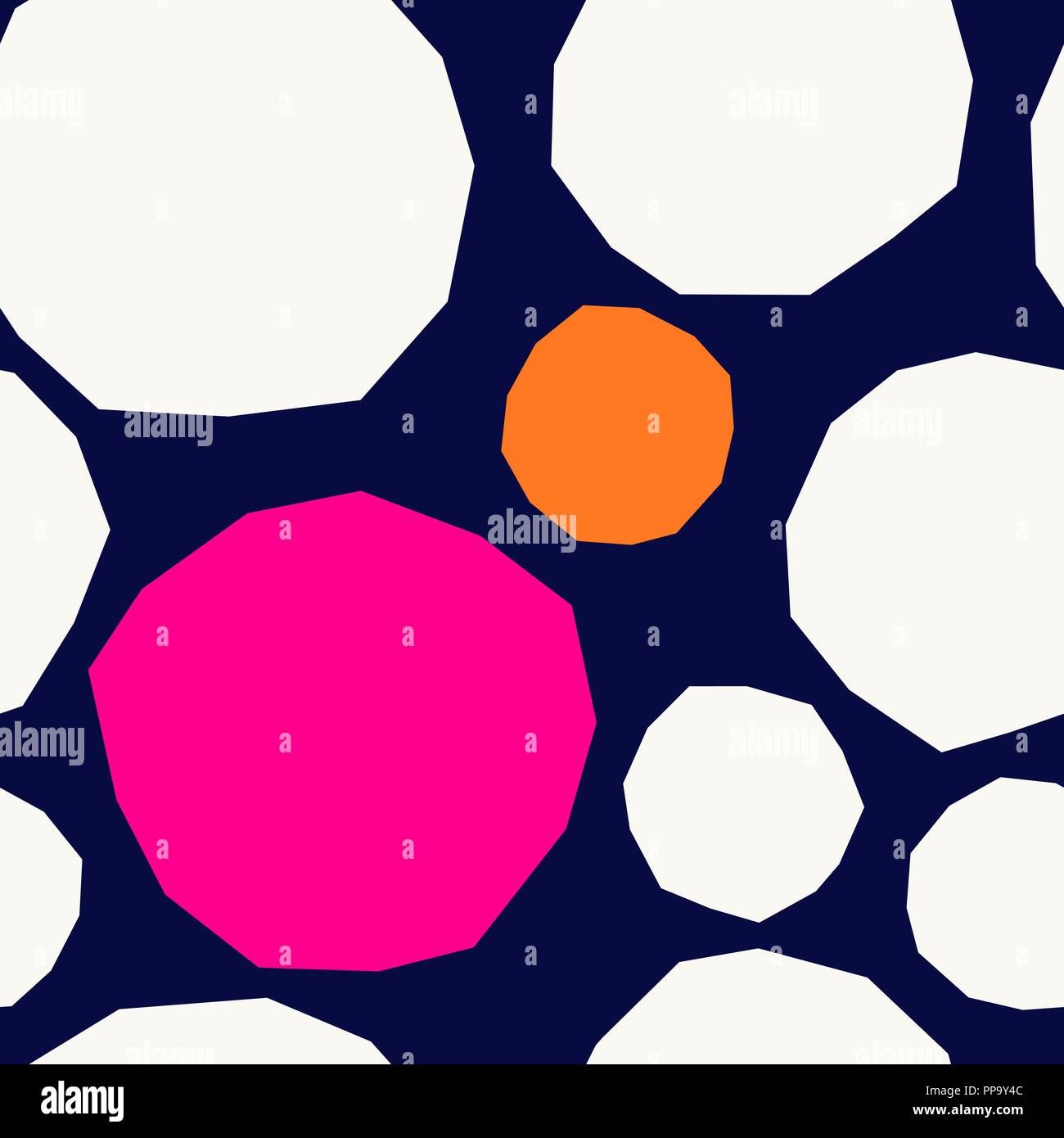 Un motif répétitif avec des formes géométriques abstraites en blanc, orange et rose sur fond bleu marine. L'art de mur, carte de vœux, textile, packagi Illustration de Vecteur