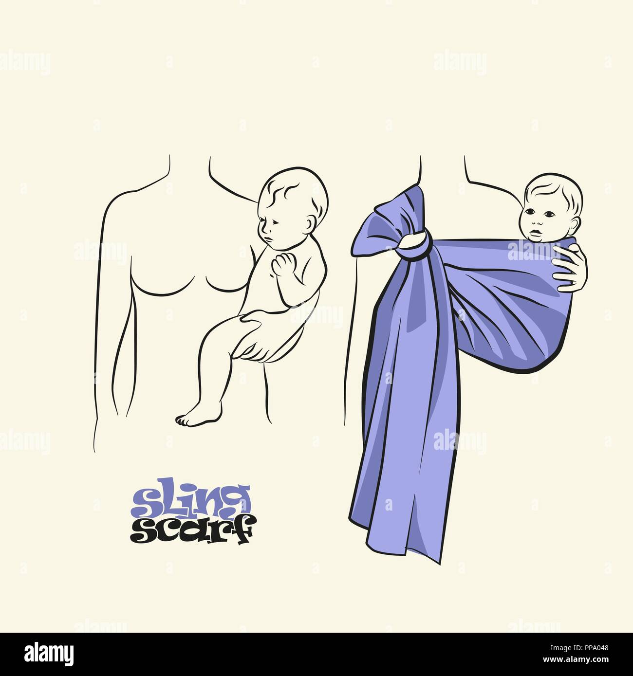 L'infographie, la façon de porter une écharpe écharpe. La bonne position du bébé dans une écharpe. L'image stylisée de la mère et du bébé dans ses bras. Dessin vectoriel sling écharpe. Illustration de Vecteur