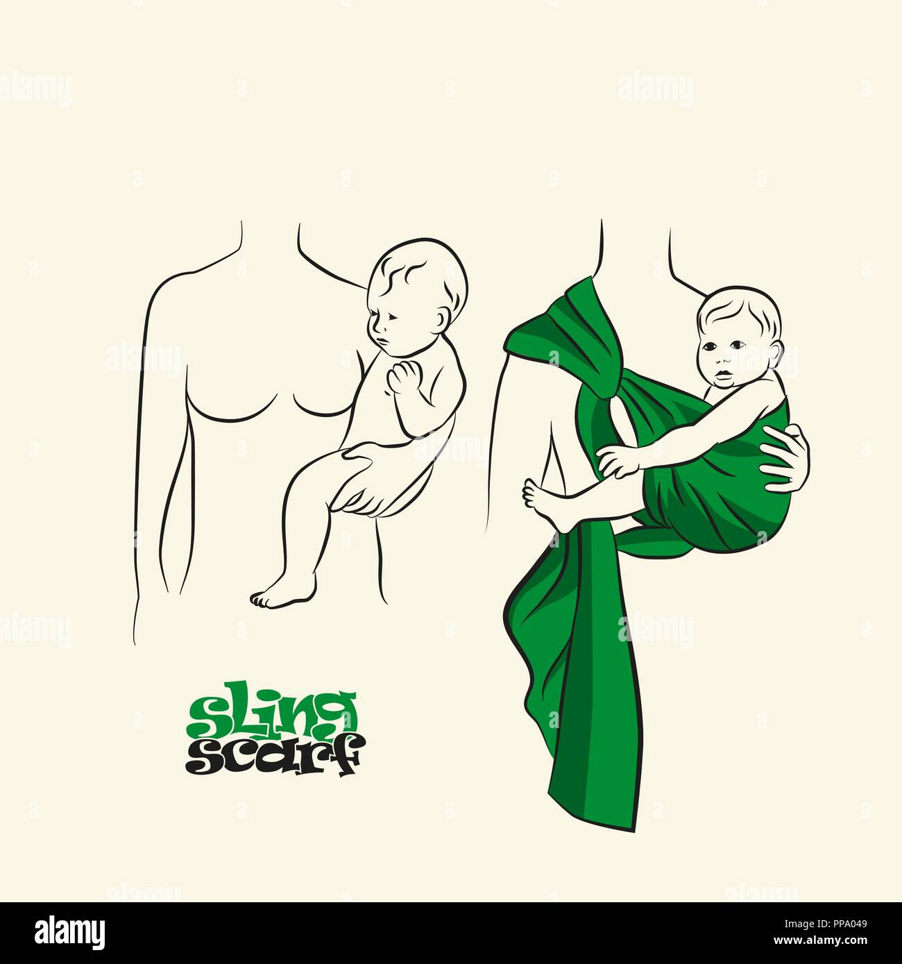 L'infographie, la façon de porter une écharpe écharpe. La bonne position du bébé dans une écharpe. L'image stylisée de la mère et du bébé dans ses bras. Dessin vectoriel sling écharpe. Illustration de Vecteur