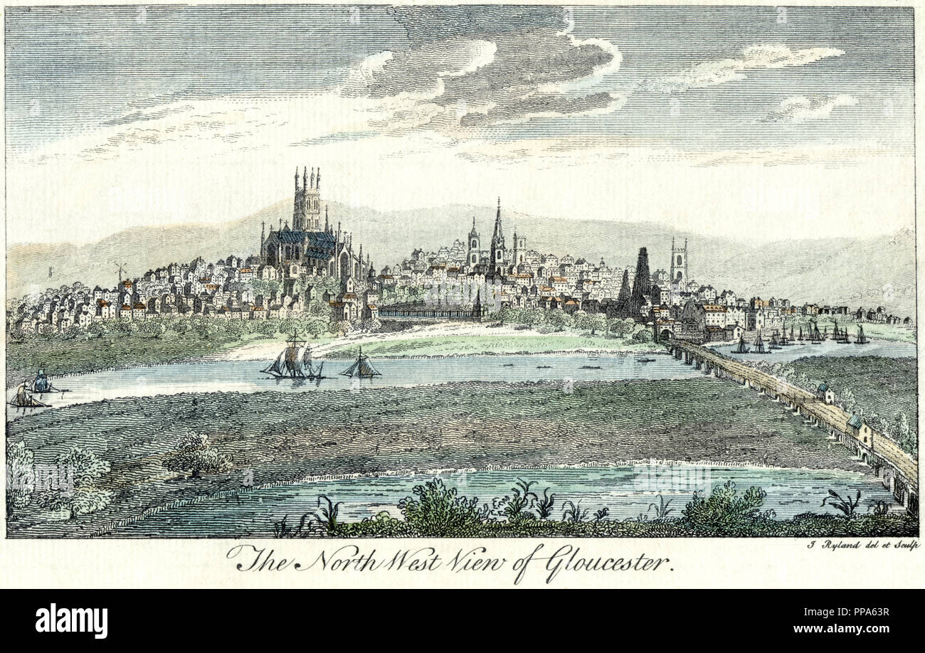 Un imprimé de couleur main de la vue du Nord-Ouest de Gloucester UK 1764 par J Ryland - gravure de Copperplate. Je pensais libre de droits d'auteur. Banque D'Images