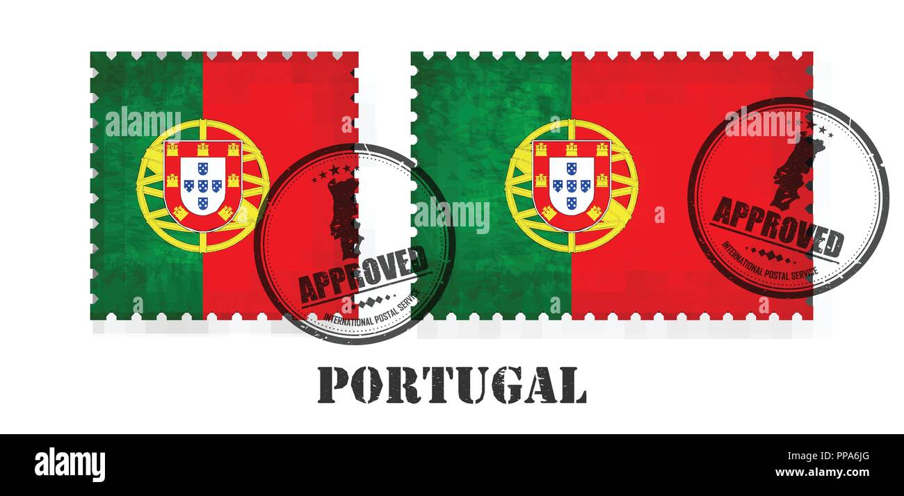 Le Portugal ou drapeau portugais avec timbre ancien grunge texture scratch et apposer un sceau sur fond isolé . Couleur noir nom de pays w Illustration de Vecteur