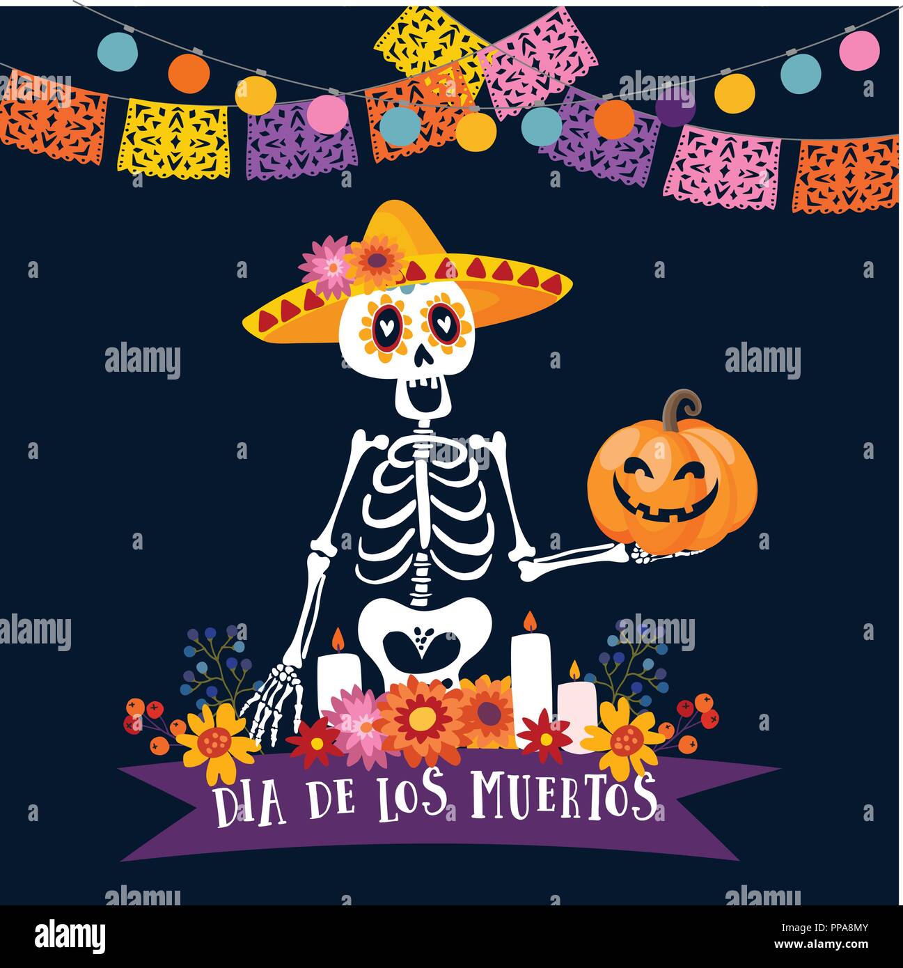 Halloween, Dia de los Muertos carte de vœux. Le Jour des Morts mexicain invitation. Squelette avec sombrero hat holding freaky citrouille. Des fleurs et des bougies de décoration. Coupe papier drapeaux de parti, ampoules. Illustration de Vecteur