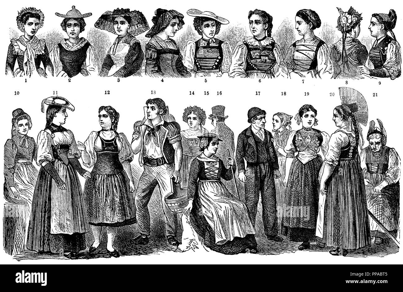 Costume national suisse. 1. Tessin, 2. Vaud, 3. Fribourg, 4. (Berne), 5 Simmenthal. Soleure, 6. Lucerne, 7. Bâle, 8. (Berne), 9 Simmenthal. Schaffhouse, 10. Glaris, 11. L'Emmenthal Berne (), 12, 13e Berne (Guggisberg), 14e train, 15e, 16e Valais Berne, 17, 18, 20, 21. Appenzell, 19e Unterwalben, Banque D'Images