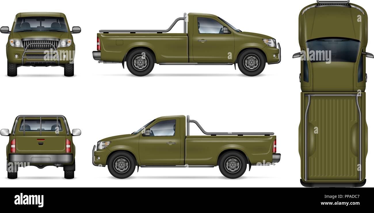Petit camion vert maquette vectorielle sur fond blanc. Voir d'un côté, avant, arrière, et sur le dessus. Tous les éléments dans les groupes sur des calques distincts Illustration de Vecteur