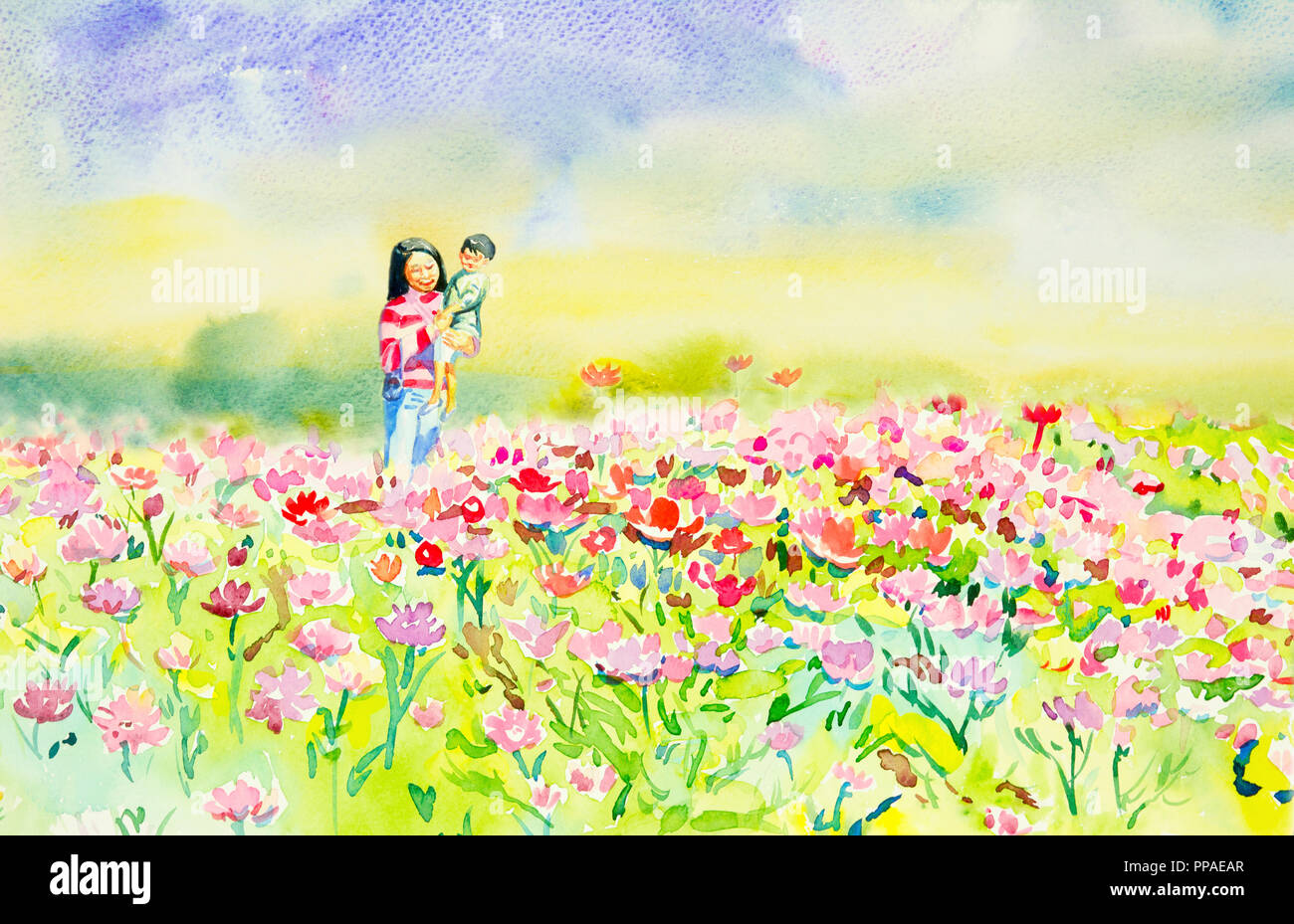 Peinture aquarelle originale de fleurs rose, rouge, jaune, orange couleurs des fleurs daisy,Mère et fils,sur jardin matin dans la saison du printemps,avec la beauté Banque D'Images