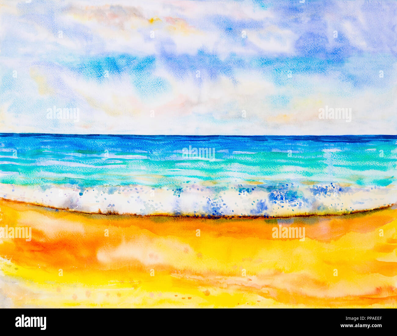 Image Originale De La Plage Pix Seascape aquarelle peinture originale de couleur sur la mer, de la plage,  des vagues et du ciel,fond de nuage le matin lumineux, la beauté de la  nature saison. J'ai peint Photo Stock -
