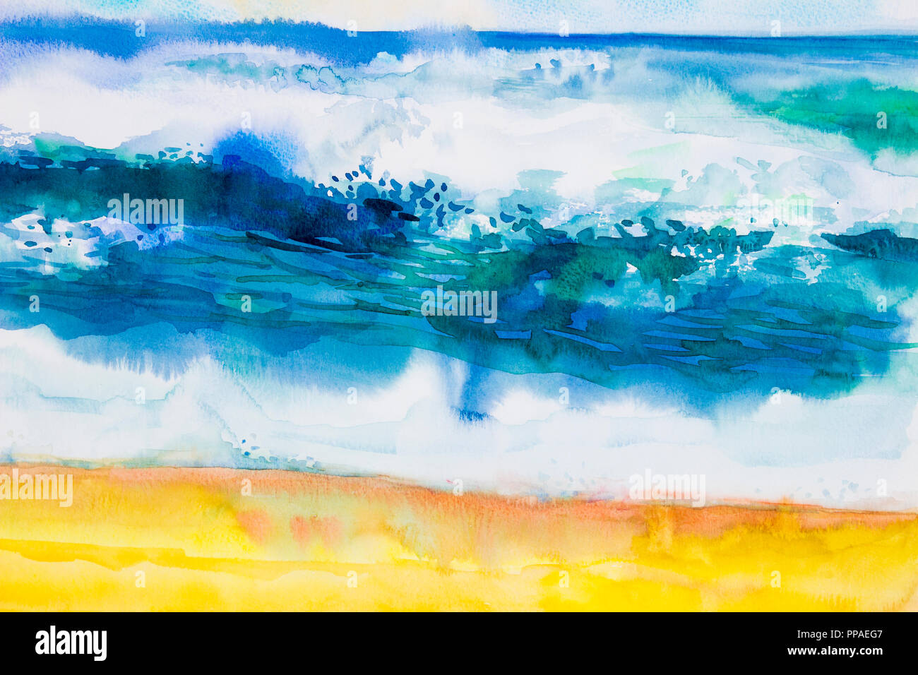 Seascape aquarelle peinture originale de couleur sur la mer, de la plage, des vagues et du ciel,fond de nuage le matin lumineux, la beauté de la nature saison. J'ai peint Banque D'Images