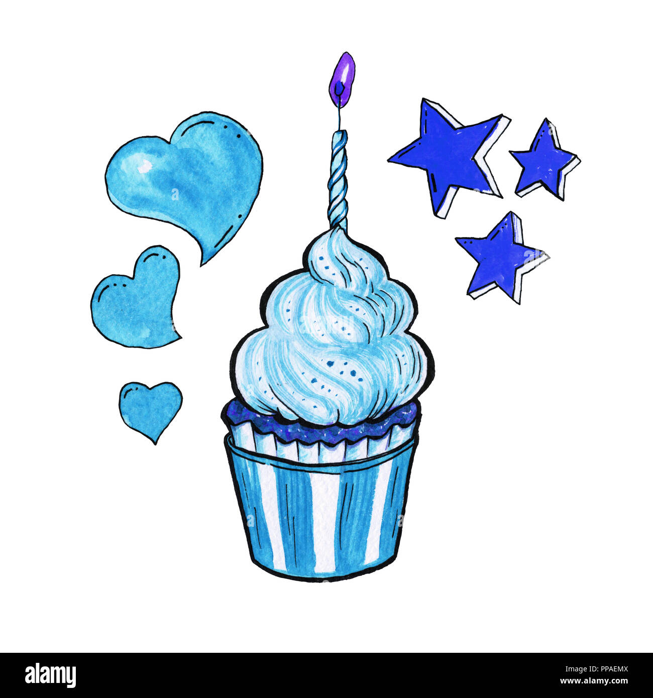 Cupcake Bleu Avec De La Creme Gateau Avec Une Bougie Patisserie Avec Du Glacage Et Blue Stars Conception Isoles De Boulangerie Avec Valentines Day Hearts Joyeux Anniversaire Par Photo Stock Alamy