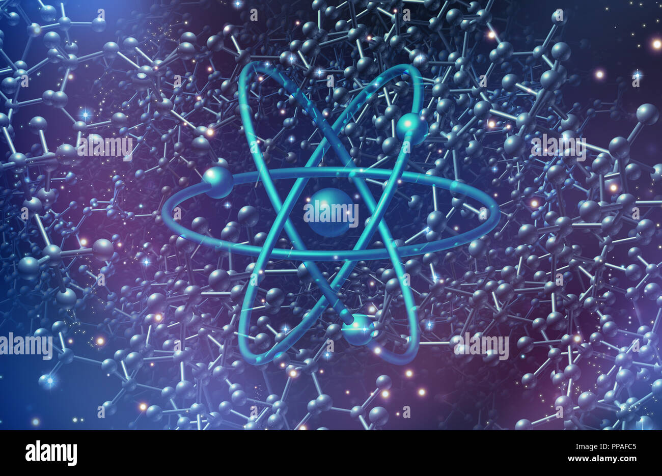 Symbole de la science physique quantique comme formes abstraites représentant les éléments microscopiques comme un 3D illustration. Banque D'Images