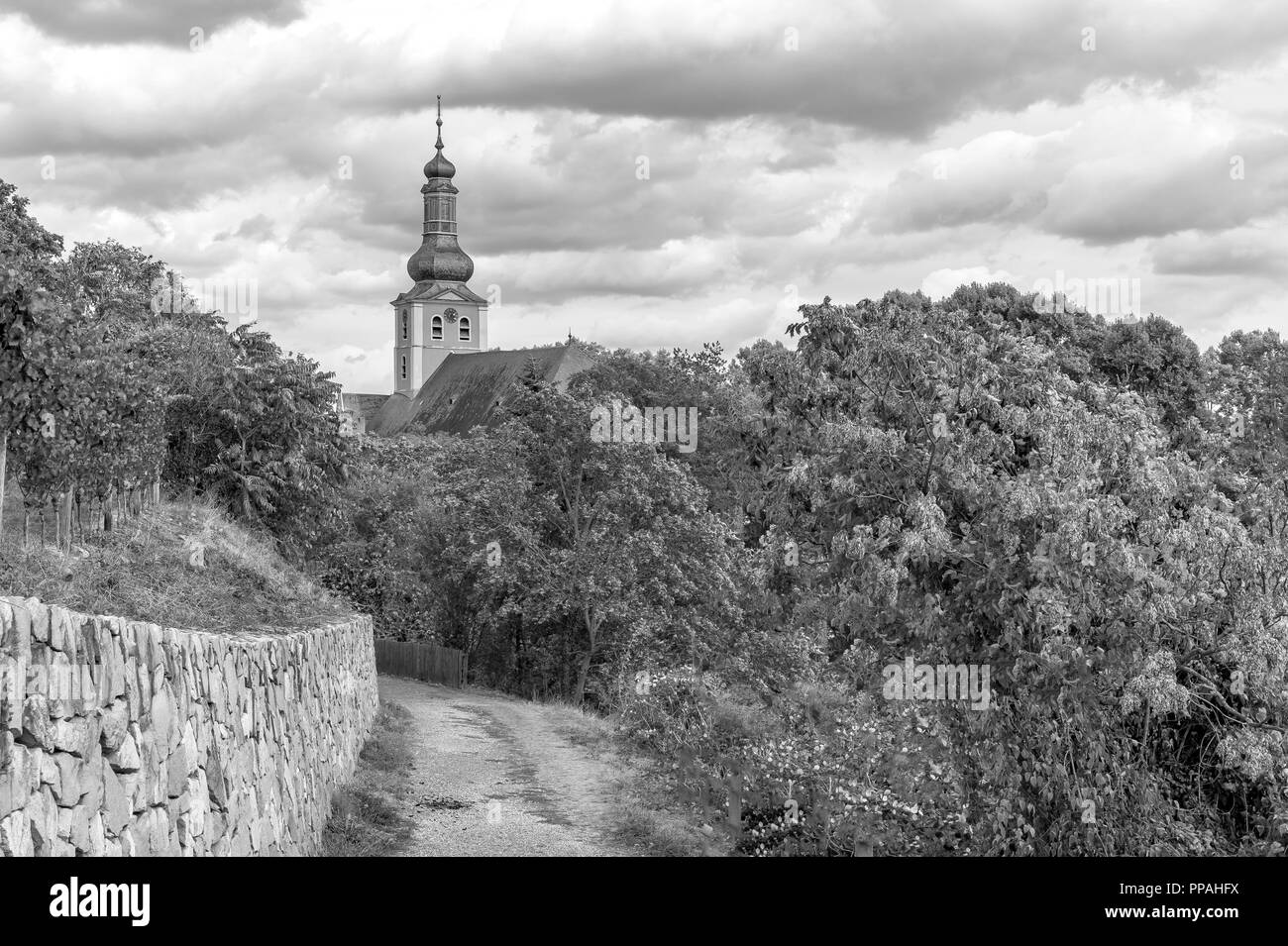 Sentier de randonnée "Panoramaweg' avec vue sur l'église de Paulus Bad Kreuznach, Rhénanie-Palatinat, Allemagne. Banque D'Images Sentier de randonnée "Panoramaweg' avec vue sur l'église de Paulus Bad Kreuznach, Rhénanie-Palatinat, Allemagne. Banque D'Images