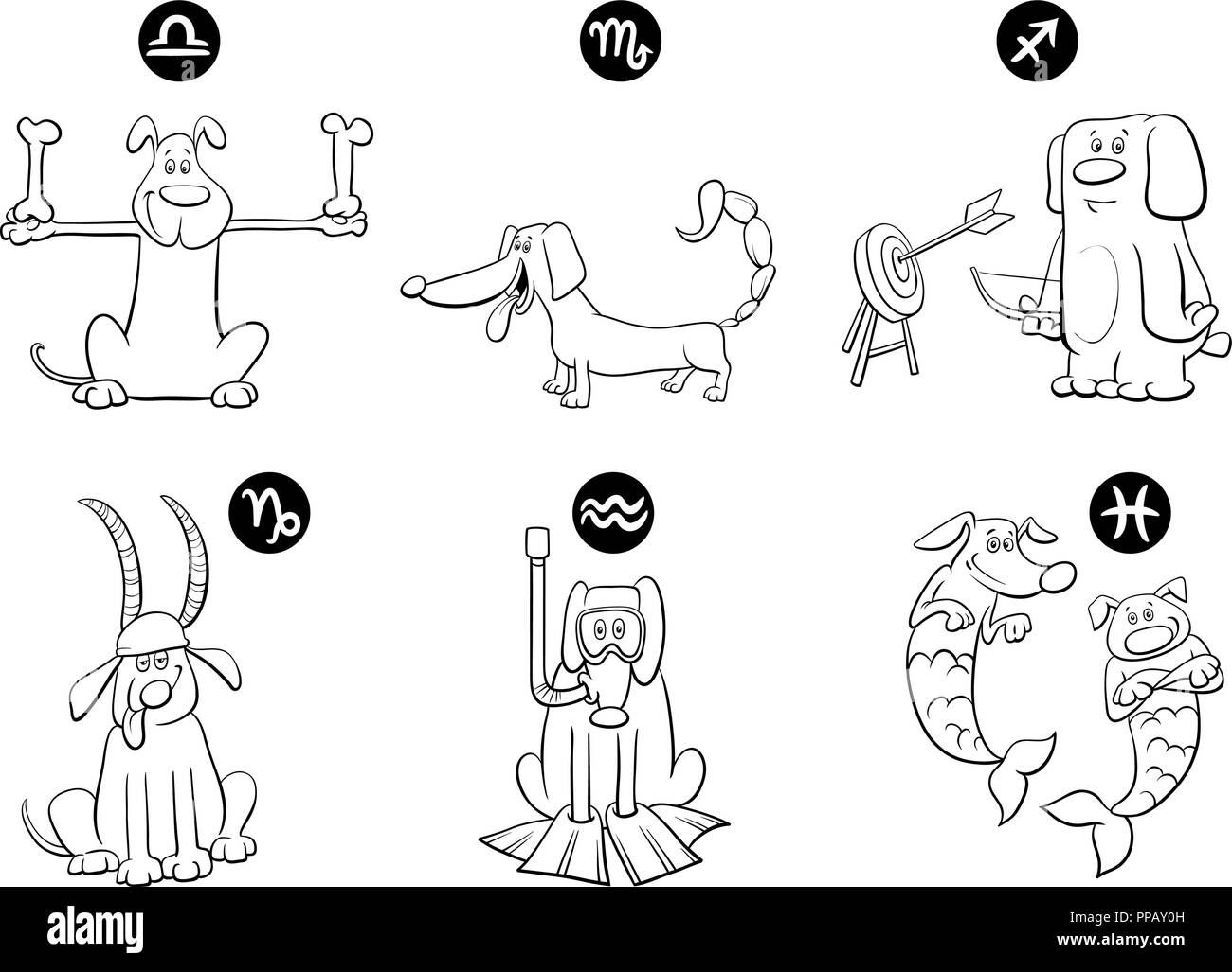 Cartoon noir et blanc Illustration de signes du zodiaque Horoscope chien avec caractères Illustration de Vecteur