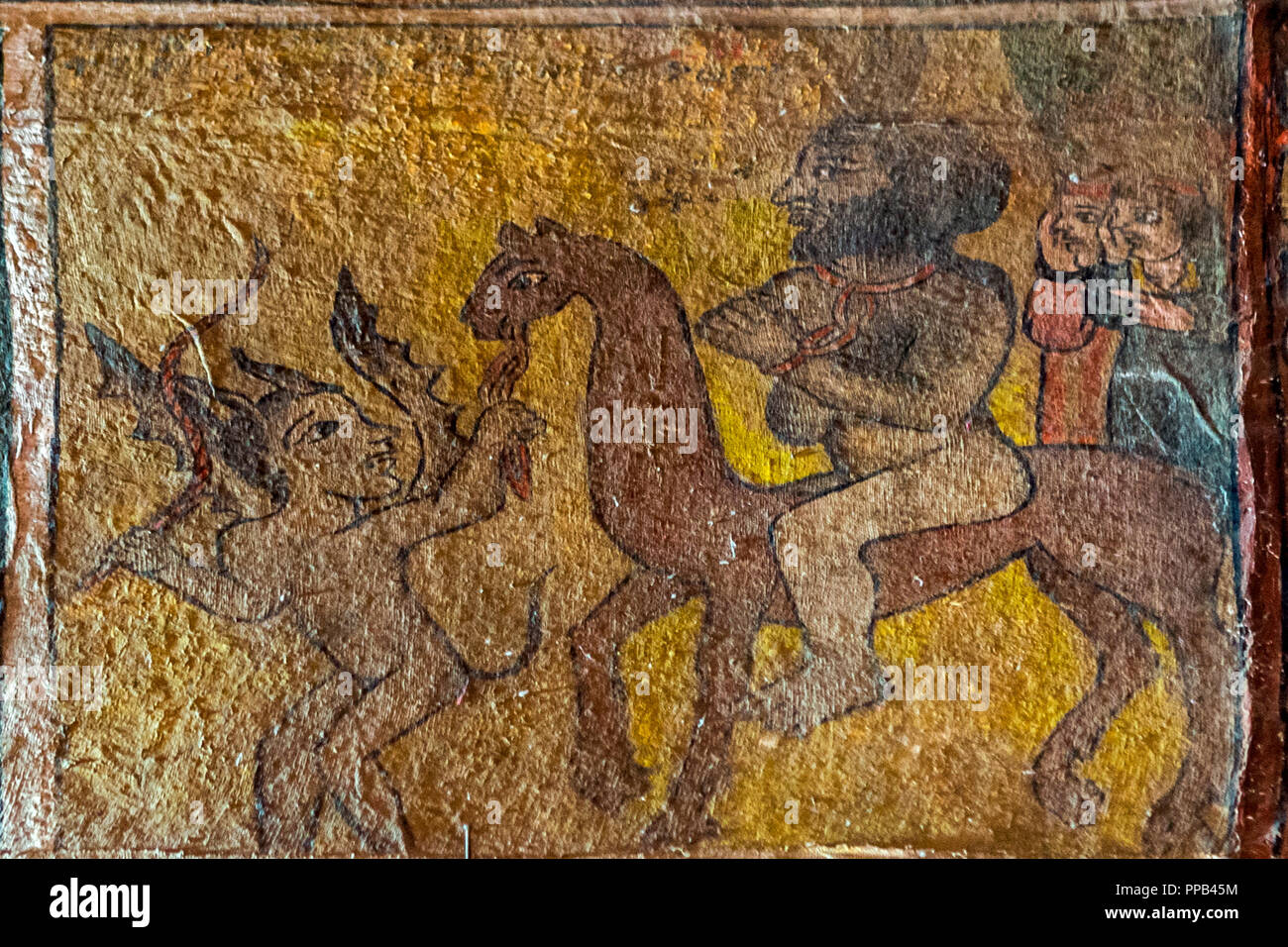 Intérieur ; le prophète Mahomet d'être conduit à l'enfer dans les chaînes à cheval. L'Église Debre Birhan Selassie, Gonder, Ethiopie, Site du patrimoine mondial de l'UNESCO Banque D'Images