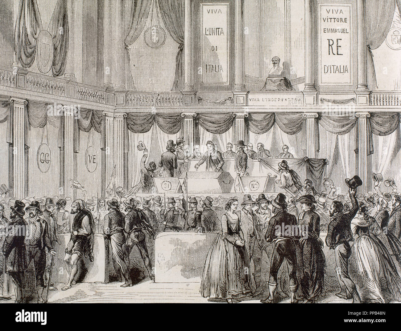 L'Unification italienne (1859-1924). François II, Roi des Deux-Siciles (1859-1860) a été forcé d'abdiquer, tandis que d'un plébiscite (21-22 octobre 1860) sanctionné l'union des Deux Siciles au nouveau Royaume d'Italie. Voter pour l'annexion des Deux-siciles royaume au royaume de l'Italie dans une chambre à l'Université de Naples. Gravure tirée de 'L'illustration Journal Universel'. Banque D'Images