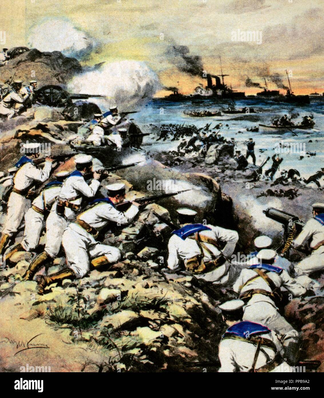 La Première Guerre mondiale (1914-1918). Les troupes autrichiennes terre sur l'île Palagruza. En juillet 1915. Banque D'Images