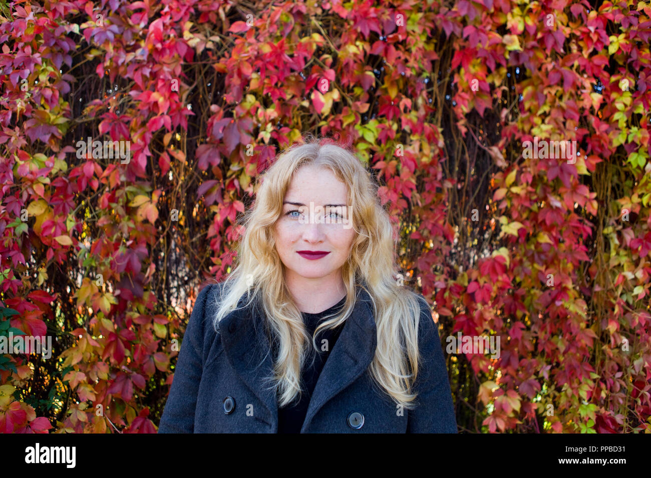 Belle jeune blonde est debout près de clôture à partir de feuilles dans la rue Banque D'Images