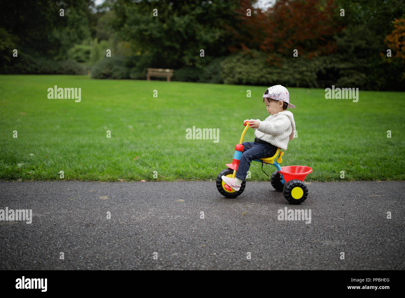 Baby Girl play bike en été forest park Banque D'Images