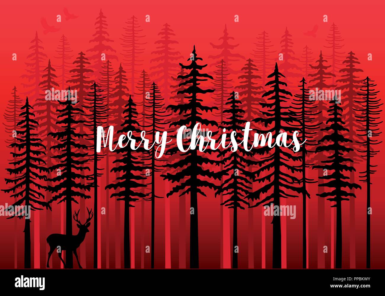 Carte de Noël avec forêt rouge d'hiver, les rennes et les oiseaux, vector illustration d'arrière-plan Illustration de Vecteur
