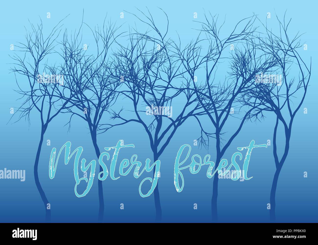 Mystère forêt avec arbres sombres et bleu ciel de nuit, vector illustration d'arrière-plan Illustration de Vecteur