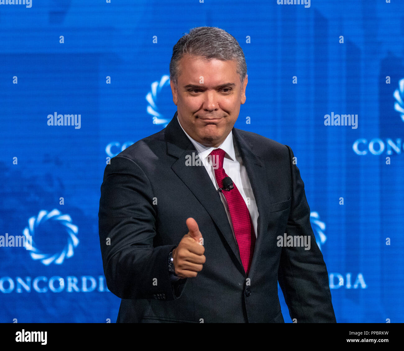 New York, États-Unis, 24 septembre 2018. Le président colombien Ivan Duque arrive à parler au Concordia Sommet à New York. Photo par Enrique Shore Crédit : Enrique Shore/Alamy Live News Banque D'Images