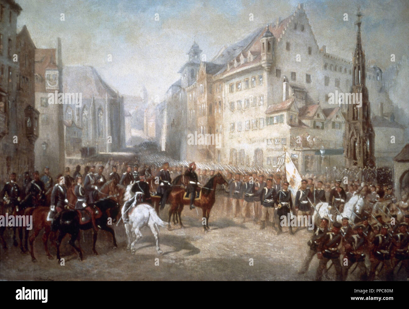 Guerre austro-prussienne. Défilé des troupes sur la place du marché à Nuremberg lors de l'occupation de la ville par les Prussiens en 1866. Peinture de Louis Braun (1836-1916). Banque D'Images