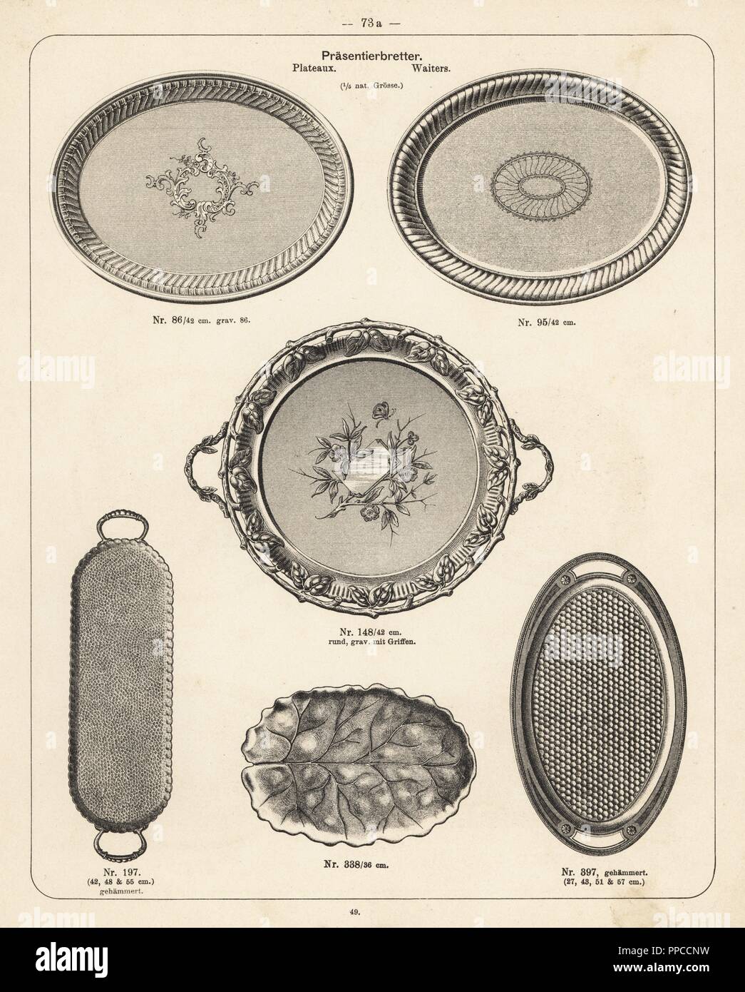 Plateaux métal gravée et serveurs. Lithographie d'un catalogue de produits métalliques fabriqués par Wurtemberg Articles manufacturés en usine, Wiesbaden, Allemagne, 1896. Banque D'Images