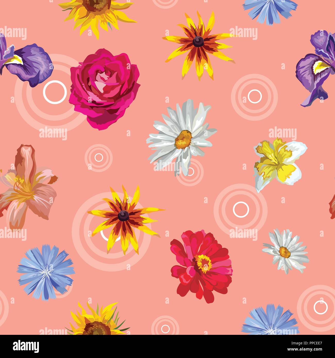 Vector illustration en couleur. Modèle intégré de différentes fleurs de tournesol, Iris, rose, Narcisse, Chamomilla isolé sur fond rose avec Illustration de Vecteur