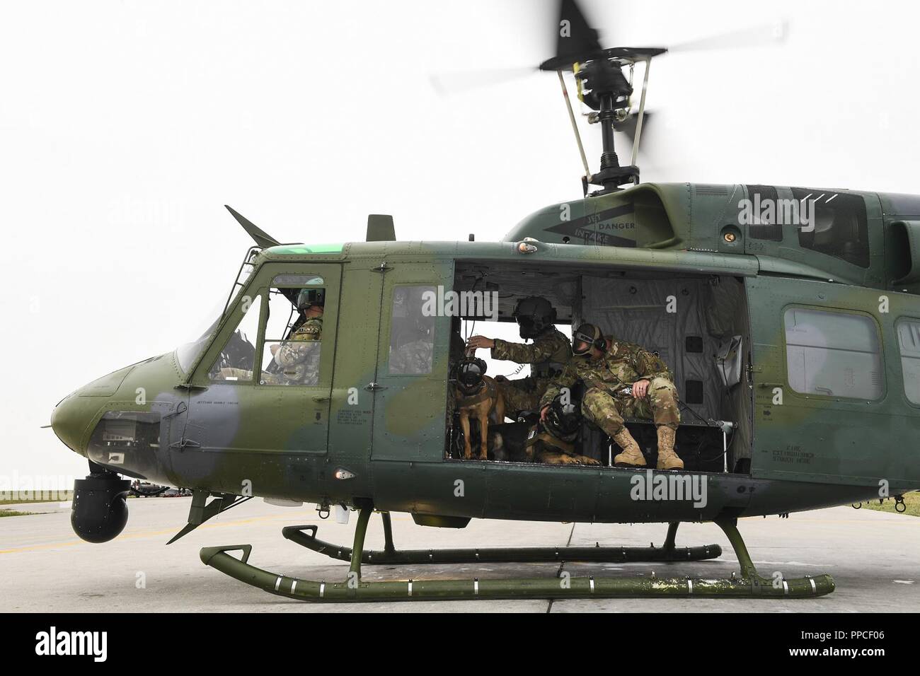 Des membres du 5e Escadron des Forces de sécurité de l'article chien de travail militaires se préparent à décoller avec le 54e Escadron d'hélicoptères en vol de familiarisation à la base aérienne de Minot, Dakota du Nord, le 23 août, 2018. C'était la première fois que l'unité K-9 a volé avec le 54e Escadron d'hélicoptères. Banque D'Images