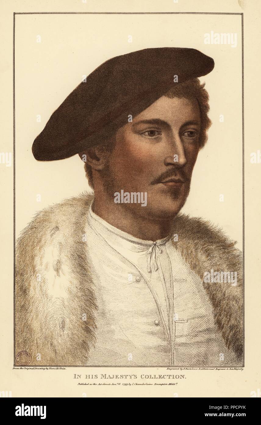 Portrait d'un inconnu sitter, c. 1532. La gravure sur cuivre coloriée par Francis Bartolozzi après Hans Holbein à partir de fac-similés de dessins originaux de Hans Holbein, Hamilton, Adams, Londres, 1884. Banque D'Images