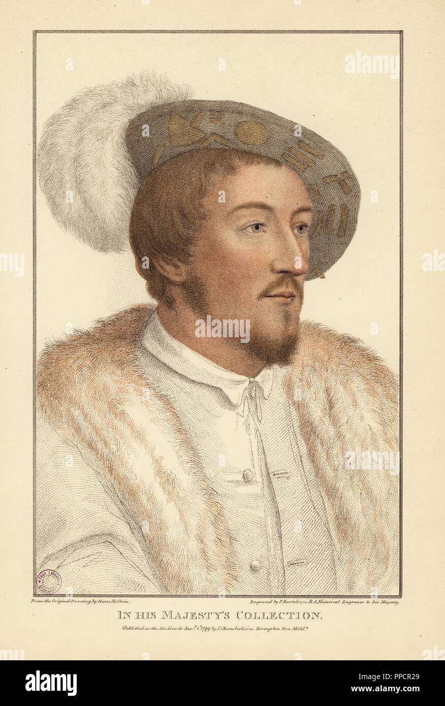 Portrait d'un inconnu sitter, c. 1532. La gravure sur cuivre coloriée par Francis Bartolozzi après Hans Holbein à partir de fac-similés de dessins originaux de Hans Holbein, Hamilton, Adams, Londres, 1884. Banque D'Images