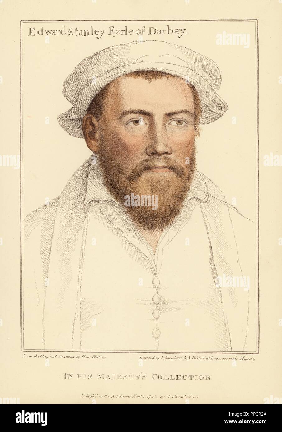 Edward Stanley, 3e comte de Derby, noble anglais, porteur de la coupe d'Anne Boleyn, 1509-1572. La gravure sur cuivre coloriée par Francis Bartolozzi après Hans Holbein à partir de fac-similés de dessins originaux de Hans Holbein, Hamilton, Adams, Londres, 1884. Banque D'Images