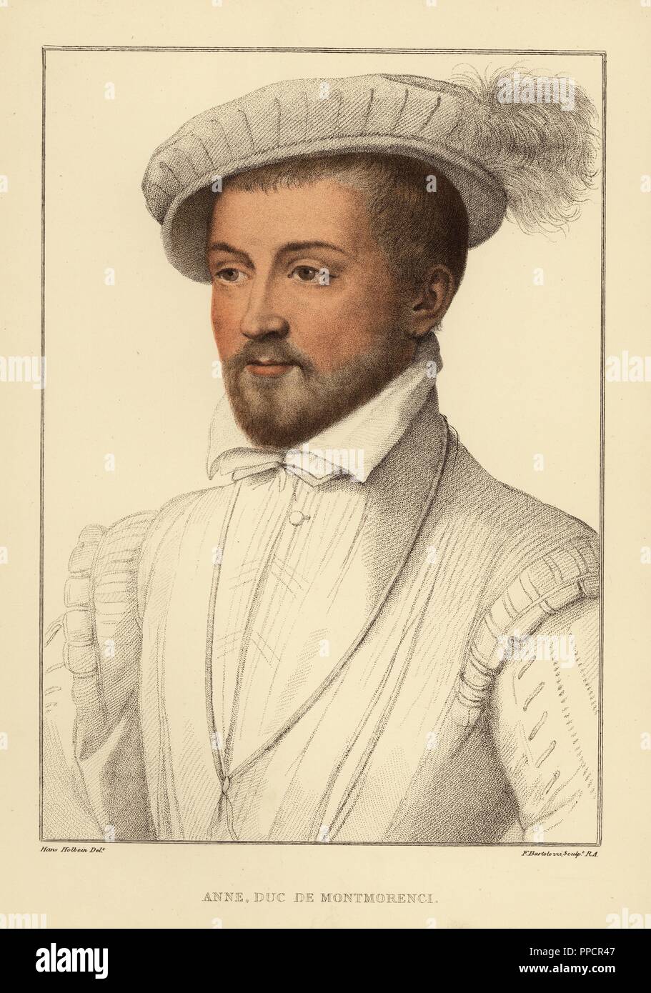 Anne, duc de Montmorency (1493-1567), soldat français, homme d'État et diplomate. Il devint maréchal de France et connétable de France. La gravure sur cuivre coloriée par Francis Bartolozzi après Hans Holbein à partir de fac-similés de dessins originaux de Hans Holbein, Hamilton, Adams, Londres, 1884. Banque D'Images