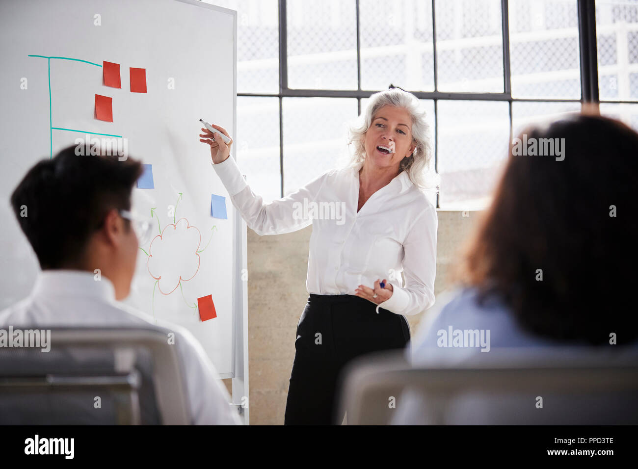 Senior businesswoman en utilisant le tableau blanc en séance, Close up Banque D'Images