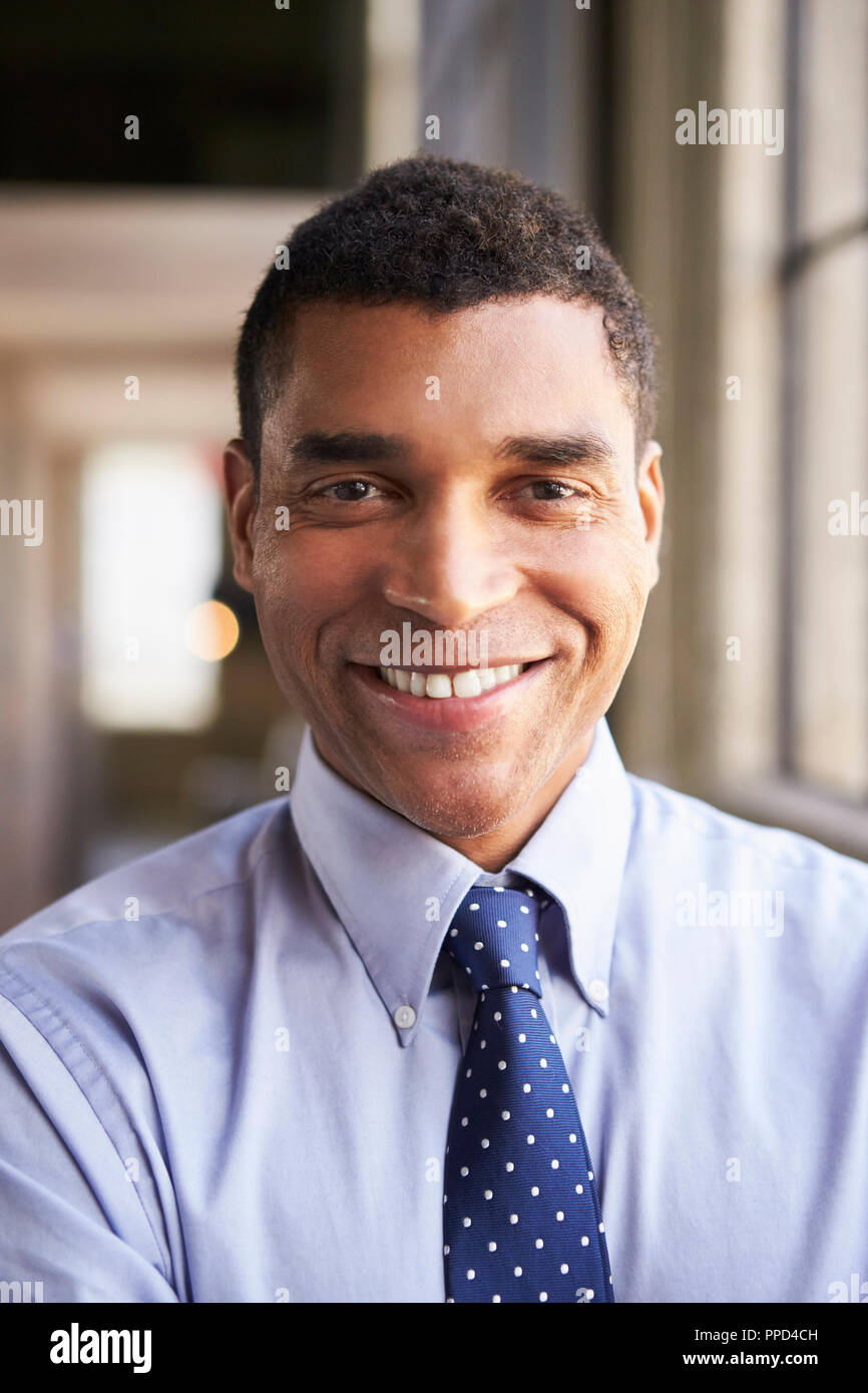 Smiling mixed race businessman, portrait vertical Banque D'Images